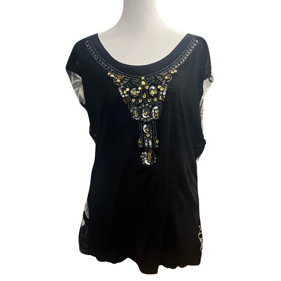Hale Bob | Jeweled & Beaded Embellished Boho Tie-Back Tunic Top | Black | Large - Picture 1 of 9